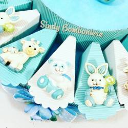 Idea bomboniera 1° compleanno battesimo nascita torta bimbo animaletti magnete assortiti azzurro