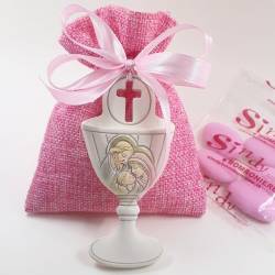 sacchetti per confetti in juta con icona sacra famiglia per battesimo femmina