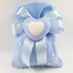 Sacchetto porta confetti azzurro in cotone con cuore in ceramica
