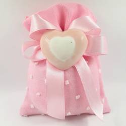 Sacchetto bomboniera portaconfetti rosa cotone con cuore in ceramica