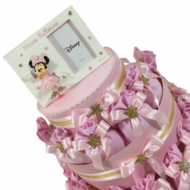 Torta bomboniera Disney Minnie portasacchetti rosa con stella dorata e portafoto