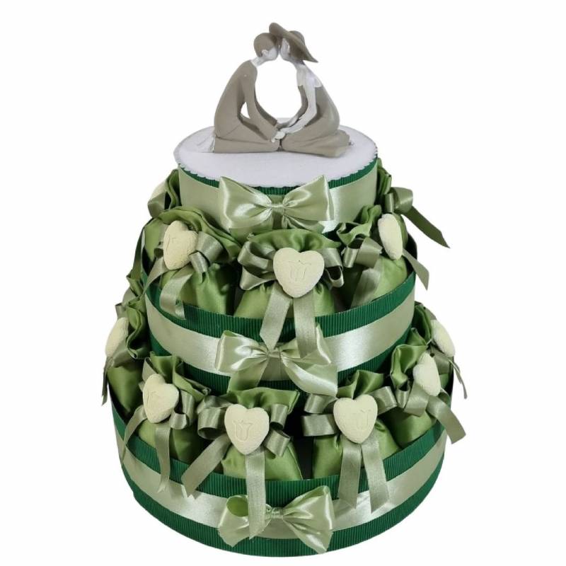 Torta bomboniere matrimonio sacchetti cuore verde Sindy Bomboniere torta  portasacchetti struttura completa