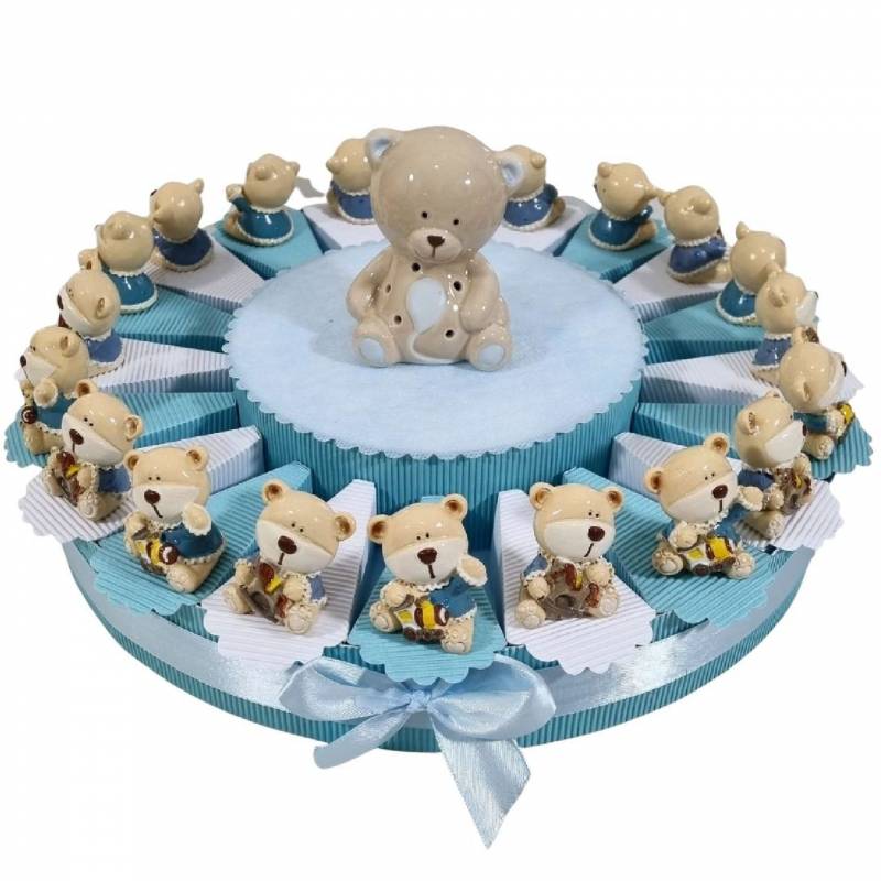 Torta bomboniere Battesimo maschio orsetti vestito blu