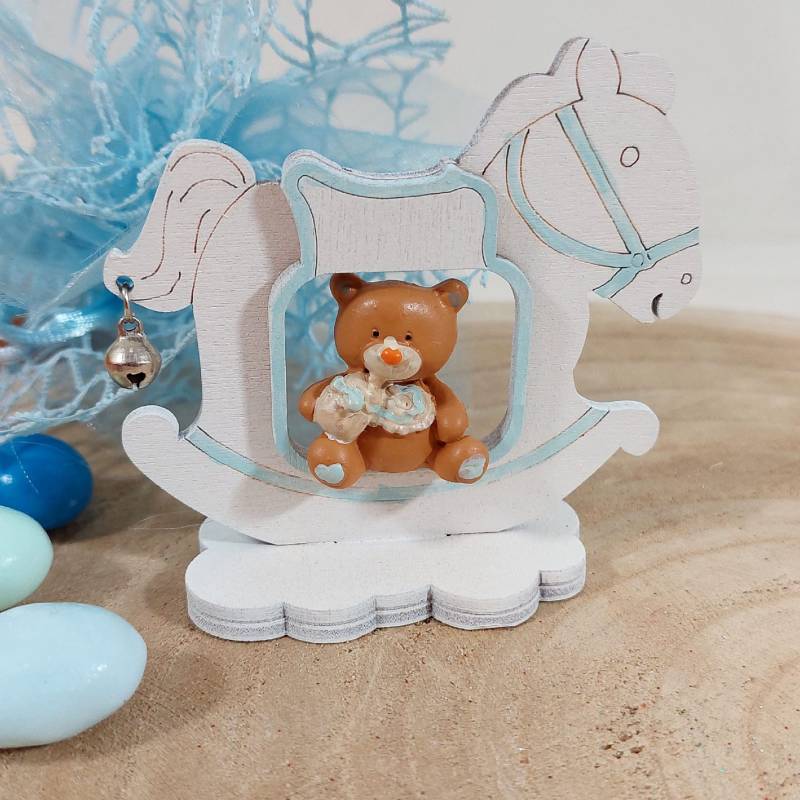 Originale bomboniere per battesimo nascita primo compleanno BIMBO con  orsetto su cavalluccio in legno azzurro