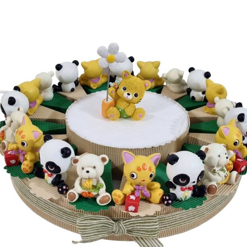 Torta porta bomboniere a tema animaletti cane panda gatto centrale clip albero della vita panda