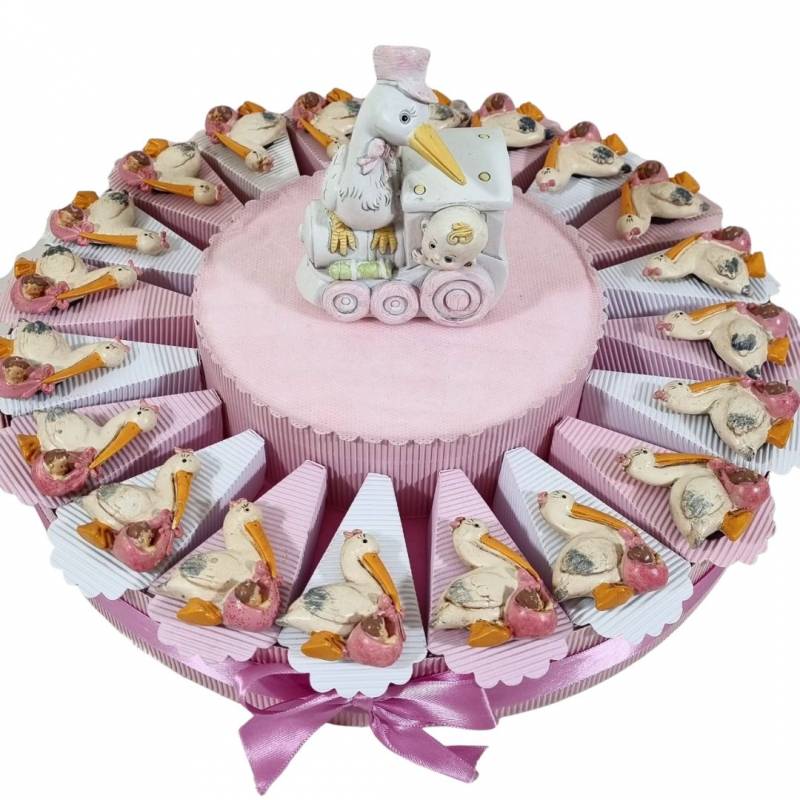 torta bomboniere nascita bimba cicogna magnete rosa