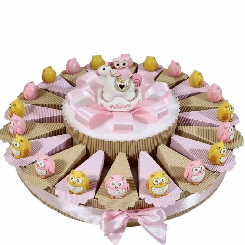 torta bomboniere nascita bimba gufetti rosa