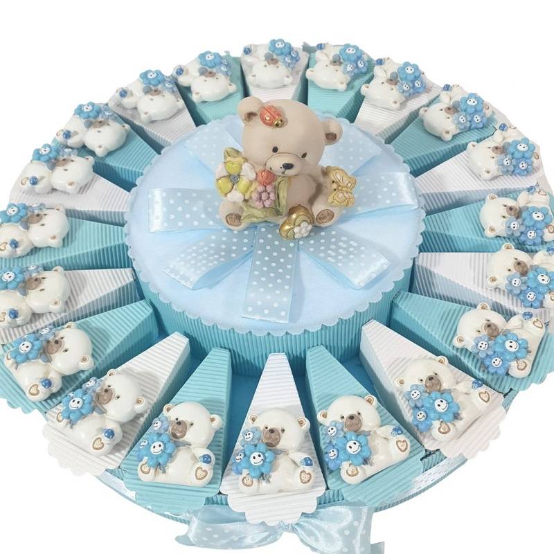Torta di bomboniere orsetto magnete bimbo fiori azzurri