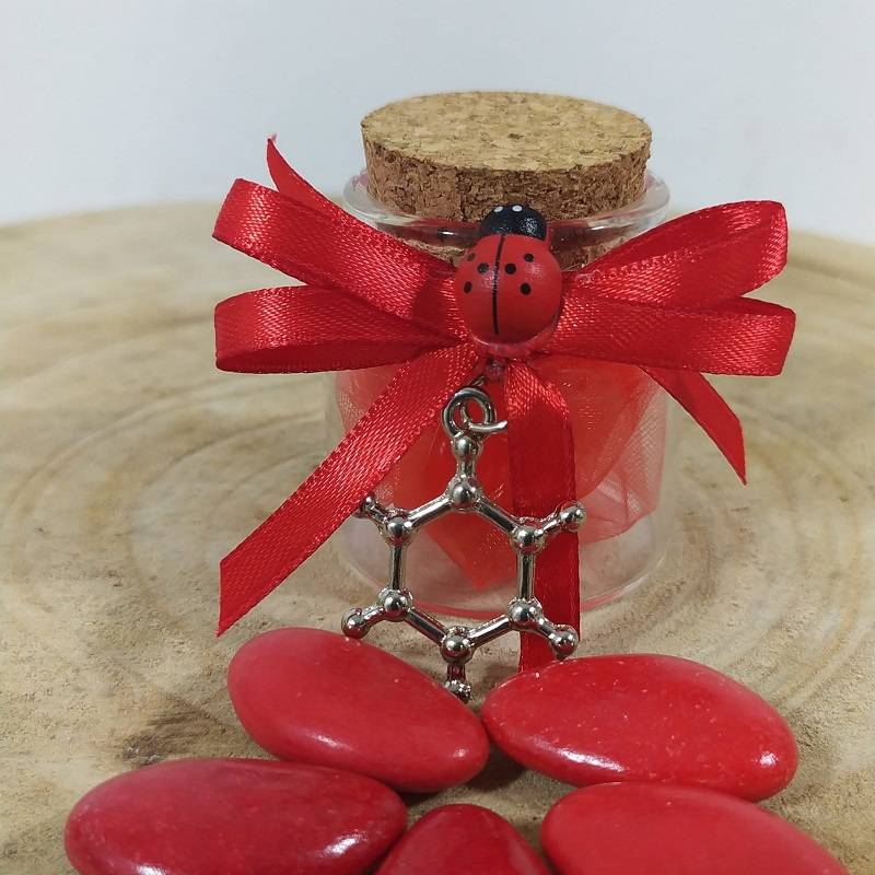 Vasetto portaconfetti laurea biologia e chimica decorato con nastro rosso con pendente a forma molecola