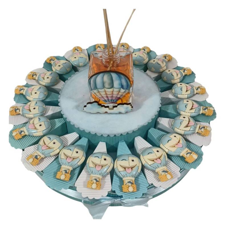 Torta Bomboniere nascita bimbo mongolfiere calamite bianchi e azzurri  Acquisto torta Torta da 20 fette (1 PIANO)