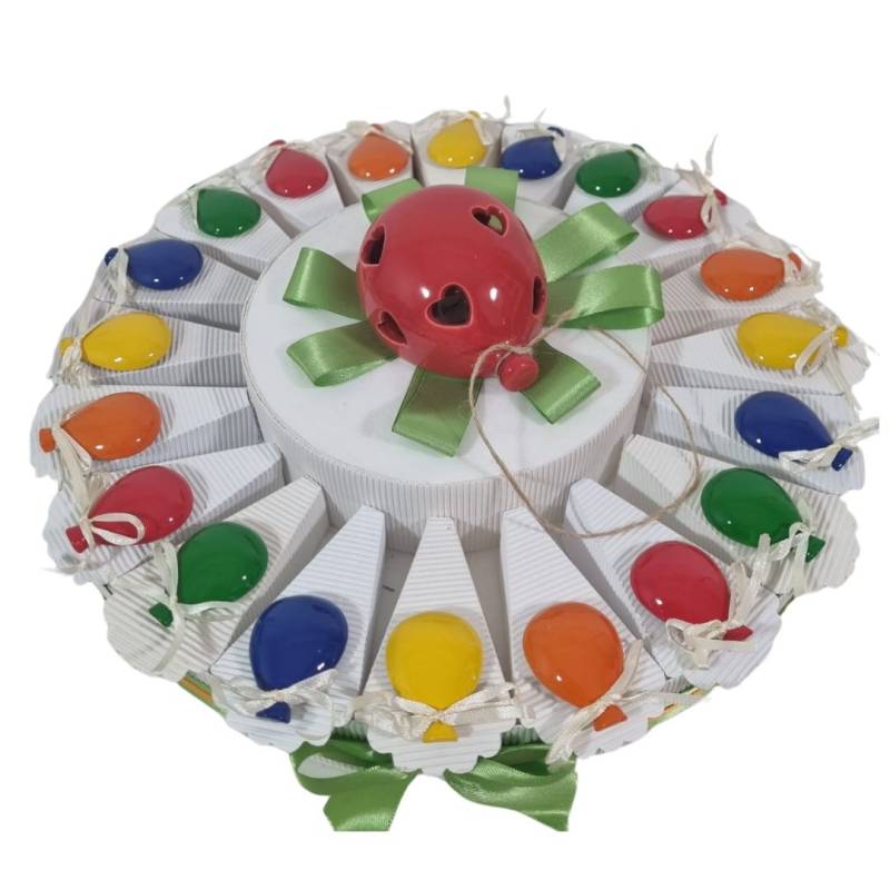 Bomboniere su torta di compleanno palloncini magneti colorati