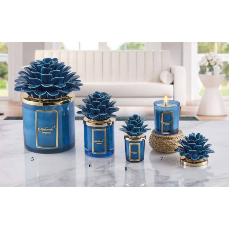 Candele profumate particolari bomboniere Melaverde fiore in ceramica blu