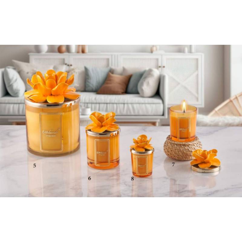 Candele profumate particolari Melaverde bomboniere fiore in ceramica arancione shop online