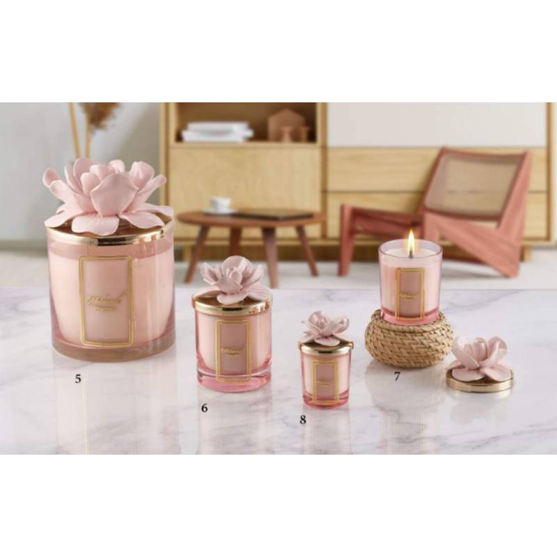 Candele melaverde bomboniere particolari fiore in ceramica rosa