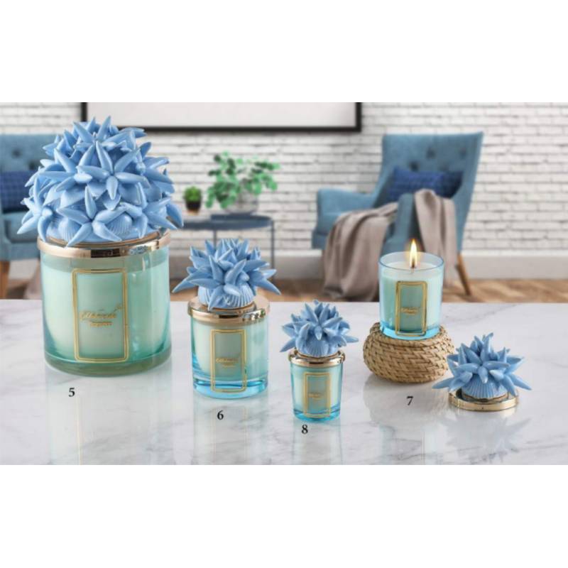 Bomboniere particolari candele profumate tema mare Melaverde conchiglie e stelle marine in ceramica azzurra
