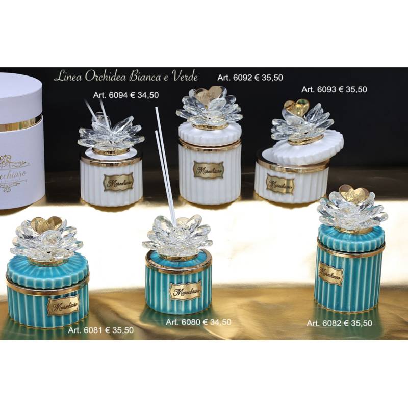 Bomboniere eleganti particolari Marechiaro diffusori e candele petali cristallo Made in Italy