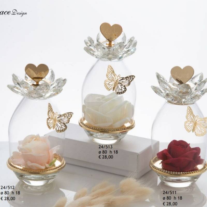 Bomboniere in vetro campana rose colorate Grace Design fiore cristallo cuore love