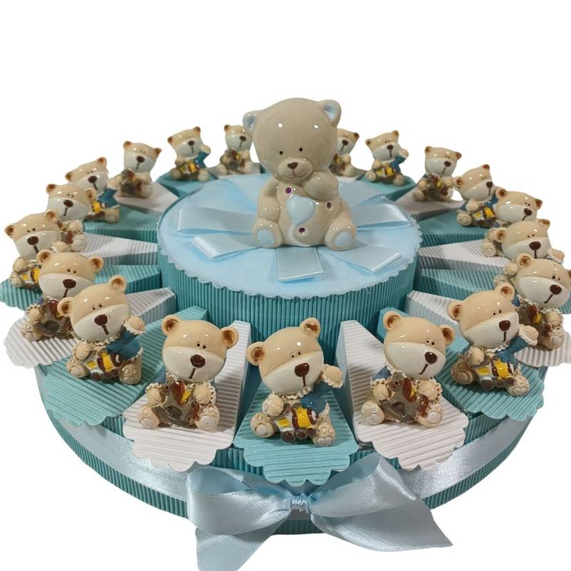 Torta bomboniere Battesimo da 20+14 maschio orsetti vestito blu